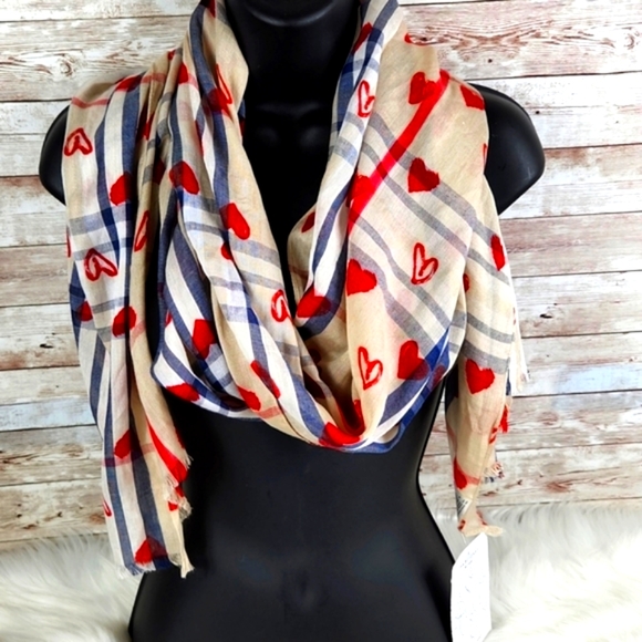 Accessories - NWT, The Blanket Wrap, Taupe, Denim, and Red Hearts, 21"W x 74"L Great for VDay!